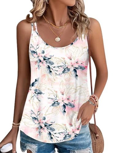 PLOKNRD Damen Tank Top Sommer Spaghetti Oberteile Ärmellose Rundhalsausschnitt Shirt Blusen Tops Weiß Rosa Blume L von PLOKNRD