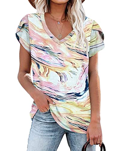 PLOKNRD Damen Tops V-Ausschnitt Blütenblatt Ärmel T-Shirt Sommer Freizeit Kurzen Ärmeln Strand Oberteile(Aquarell,XXL) von PLOKNRD