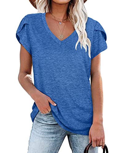 PLOKNRD Damen Tops V-Ausschnitt Blütenblatt Ärmel T-Shirt Sommer Freizeit Kurzen Ärmeln Strand Oberteile(Blau,XXL) von PLOKNRD