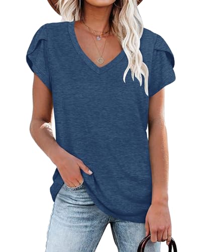 PLOKNRD Damen Tops V-Ausschnitt Blütenblatt Ärmel T-Shirt Sommer Freizeit Kurzen Ärmeln Strand Oberteile(Dunkelblau,XL) von PLOKNRD