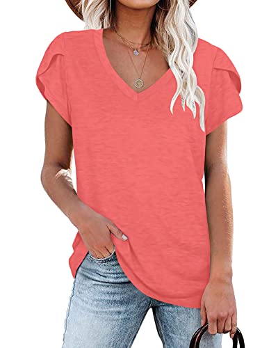 PLOKNRD Damen Tops V-Ausschnitt Blütenblatt Ärmel T-Shirt Sommer Freizeit Kurzen Ärmeln Strand Oberteile(Koralle,M) von PLOKNRD