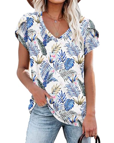 PLOKNRD Damen Tops V-Ausschnitt Blütenblatt Ärmel T-Shirt Sommer Freizeit Kurzen Ärmeln Strand Oberteile Blaue Blüten Blatt XL von PLOKNRD