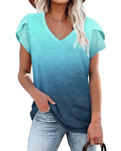 PLOKNRD Damen Tops V-Ausschnitt Blütenblatt Ärmel T-Shirt Sommer Freizeit Kurzen Ärmeln Strand Oberteile Farbverlauf Blau XL von PLOKNRD