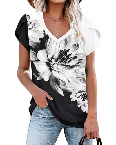PLOKNRD Damen Tops V-Ausschnitt Blütenblatt Ärmel T-Shirt Sommer Freizeit Kurzen Ärmeln Strand Oberteile Tintenblume XL von PLOKNRD