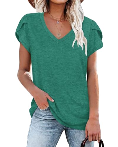 PLOKNRD Damen Tops V-Ausschnitt Blütenblatt Ärmel T-Shirt Sommer Kausal Tunika (Mintgrün,L) von PLOKNRD