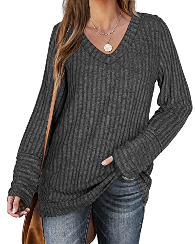 PLOKNRD Damens Pullover Casual Plain Langarm Oversized Sweater Lightweight Sweater(Dunkles Grau，L von PLOKNRD