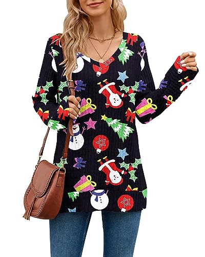 PLOKNRD Damens Pullover Casual Plain Langarm Oversized Sweater Lightweight Weihnachten Sweater(Weihnachts schneemann，L von PLOKNRD