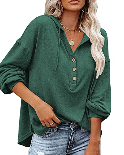 PLOKNRD Herbst Langarm Henley Shirt für Damen Leichtgewicht mit Kordelzug 40-42 （Grün,M von PLOKNRD