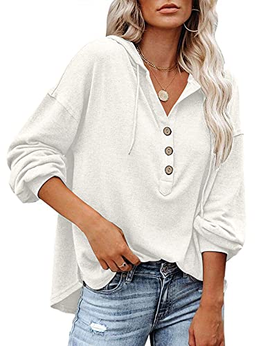 PLOKNRD Herbst Langarm Henley Shirt für Damen Leichtgewicht mit Kordelzug 52-54 (Cremeweiß, 2XL) von PLOKNRD