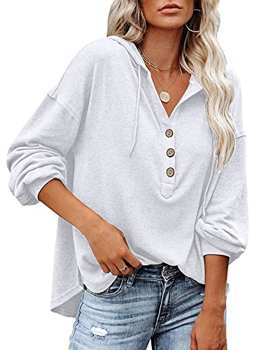 PLOKNRD Herbst Langarm Henley Shirt für Damen Leichtgewicht mit Kordelzug 48-50 （Weiß,XL von PLOKNRD