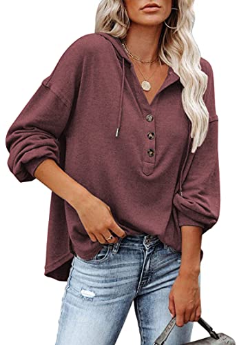 PLOKNRD Kapuzenpullover Damen Button Down Leichter Pullover für den Herbst 40-42 (Burgund, M) von PLOKNRD