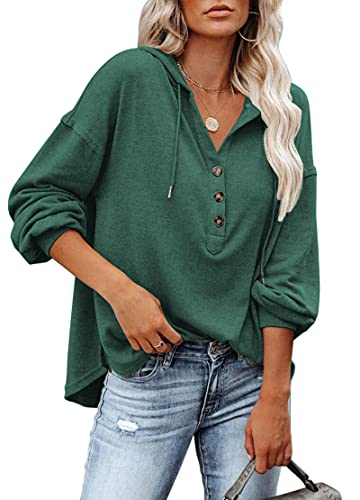 PLOKNRD Kapuzenpullover Damen Langarm Knöpfen Pullover mit Kordelzug Freizeit V-Ausschnitt Hooded Henley Sweatshirt Klassisch(Grün, XL) von PLOKNRD