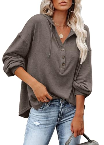 PLOKNRD Kapuzenpullover Damen Langarm Knöpfen Pullover mit Kordelzug Freizeit V-Ausschnitt Hooded Henley Sweatshirt Klassisch(Braun, 2XL) von PLOKNRD