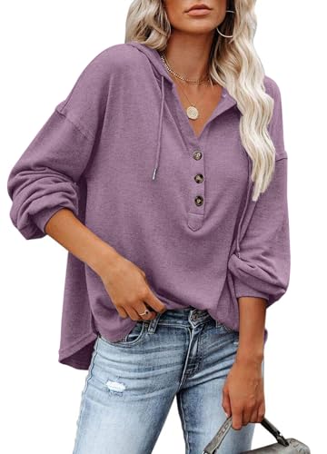 PLOKNRD Kapuzenpullover Damen Langarm Knöpfen Pullover mit Kordelzug Freizeit V-Ausschnitt Hooded Henley Sweatshirt Klassisch(Mauve, XL) von PLOKNRD