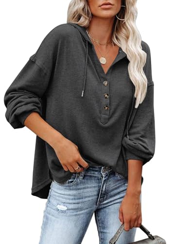 PLOKNRD Kapuzenpullover Damen Langarm Knöpfen Pullover mit Kordelzug Freizeit V-Ausschnitt Hooded Henley Sweatshirt Klassisch(Schwarz Grau, L) von PLOKNRD