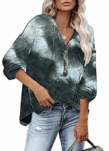 PLOKNRD Kapuzenpullover Damen Langarm Knöpfen Pullover mit Kordelzug Freizeit V-Ausschnitt Hooded Henley Sweatshirt Klassisch(Waldschatten, M) von PLOKNRD
