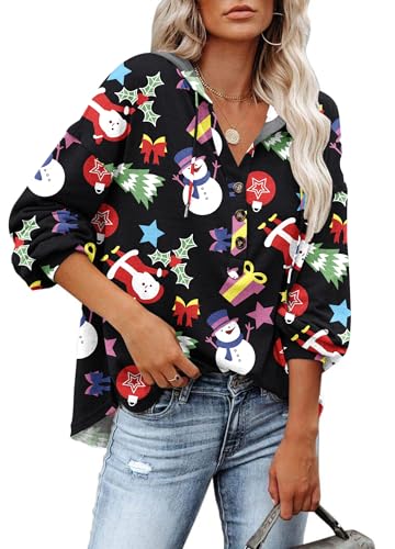PLOKNRD Kapuzenpullover Damen Langarm Knöpfen Pullover mit Kordelzug Freizeit V-Ausschnitt Hooded Henley Sweatshirt Klassisch(Weihnachten Schneemann, M) von PLOKNRD