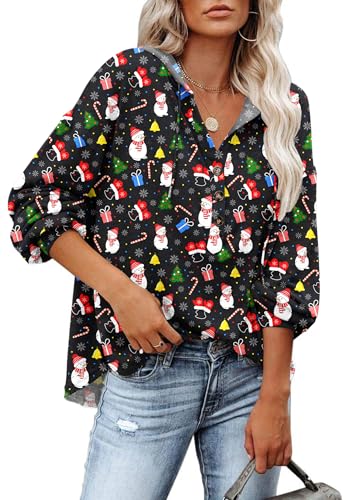PLOKNRD Kapuzenpullover Damen Langarm Knöpfen Pullover mit Kordelzug Freizeit V-Ausschnitt Hooded Henley Sweatshirt Klassisch(Weihnachts Elemente, M) von PLOKNRD