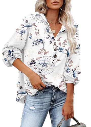 PLOKNRD Kapuzenpullover Damen Langarm Knöpfen Pullover mit Kordelzug Freizeit V-Ausschnitt Hooded Henley Sweatshirt Klassisch(Weiße Blume, M) von PLOKNRD