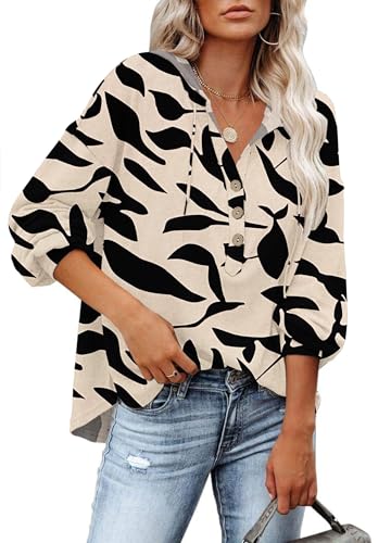 PLOKNRD Kapuzenpullover Damen Langarm Knöpfen Pullover mit Kordelzug Freizeit V-Ausschnitt Hooded Henley Sweatshirt Klassisch Schwarze Aprikosenblätter XXL von PLOKNRD