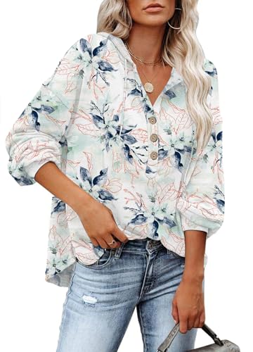 PLOKNRD Kapuzenpullover Damen Langarm Knöpfen Pullover mit Kordelzug Freizeit V-Ausschnitt Hooded Henley Sweatshirt Klassisch Weiße Grüne Blume L von PLOKNRD
