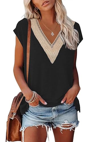 PLOKNRD Kurzärmeliges Damen Top mit V-Ausschnitt Elegantes Top mit Spitzenausschnitt Freizeit Sommer Strandkleidung(Schwarz,L) von PLOKNRD