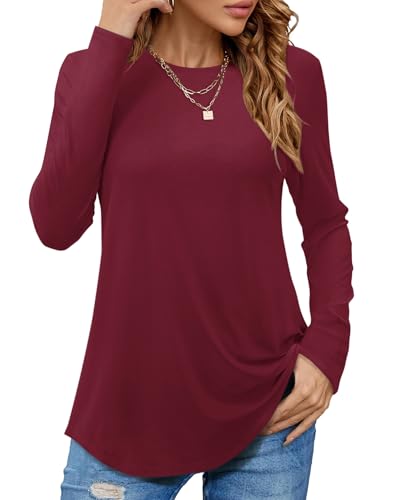 PLOKNRD Langarmshirt Damen - Herbst Rundhals Langarm Oberteile Elegant T-Shirt Tunika Tops (Burgundy,M) von PLOKNRD