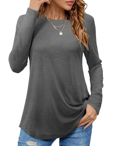 PLOKNRD Langarmshirt Damen - Herbst Rundhals Langarm Oberteile Elegant T-Shirt Tunika Tops (Dunkelgrau,S) von PLOKNRD