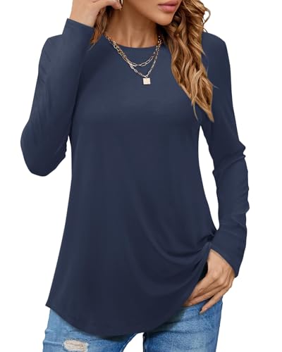 PLOKNRD Langarmshirt Damen - Herbst Rundhals Langarm Oberteile Elegant T-Shirt Tunika Tops (Marineblau,L) von PLOKNRD