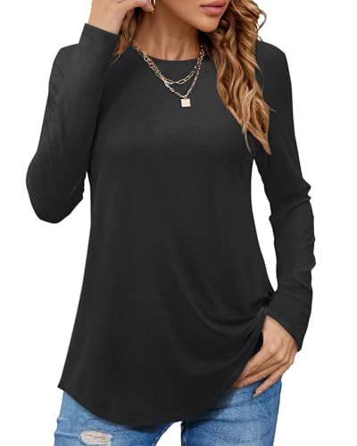 PLOKNRD Langarmshirt Damen - Herbst Rundhals Langarm Oberteile Elegant T-Shirt Tunika Tops (Schwarz,M) von PLOKNRD
