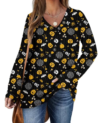 PLOKNRD Pullover für Damen Langarm V-Ausschnitt Loose Sweatshirt Freizeit Oversized Strick Sweater(Halloween Elemente，XL von PLOKNRD