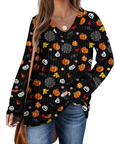 PLOKNRD Pullover für Damen Langarm V-Ausschnitt Loose Sweatshirt Freizeit Oversized Strick Sweater(Halloween Kürbis，XL von PLOKNRD