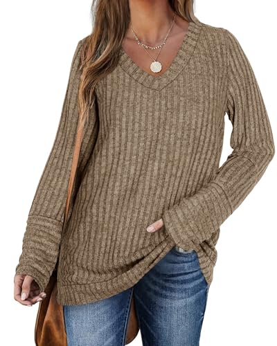PLOKNRD Pullover für Damen Langarm V-Ausschnitt Loose Sweatshirt Freizeit Oversized Strick Sweater(Hell Braun，M von PLOKNRD