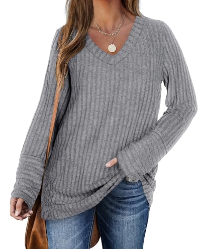 PLOKNRD Pullover für Damen Langarm V-Ausschnitt Loose Sweatshirt Freizeit Oversized Strick Sweater(Hell Grau，XL von PLOKNRD
