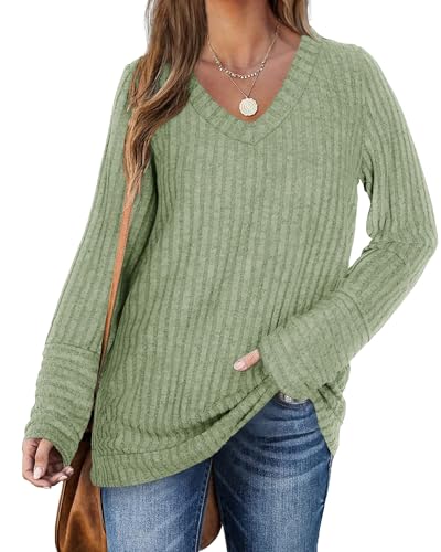 PLOKNRD Pullover für Damen Langarm V-Ausschnitt Loose Sweatshirt Freizeit Oversized Strick Sweater(Hell Grün，XL von PLOKNRD