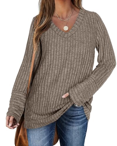 PLOKNRD Pullover für Damen Langarm V-Ausschnitt Loose Sweatshirt Freizeit Oversized Strick Sweater(Kaffee，XL von PLOKNRD