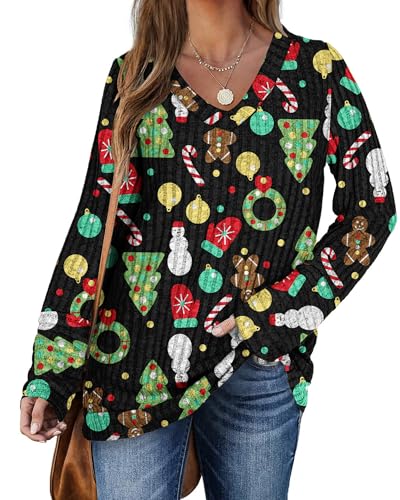 PLOKNRD Pullover für Damen Langarm V-Ausschnitt Loose Sweatshirt Freizeit Oversized Strick Sweater(Weihnachtsbaum Handschuhe，XL von PLOKNRD