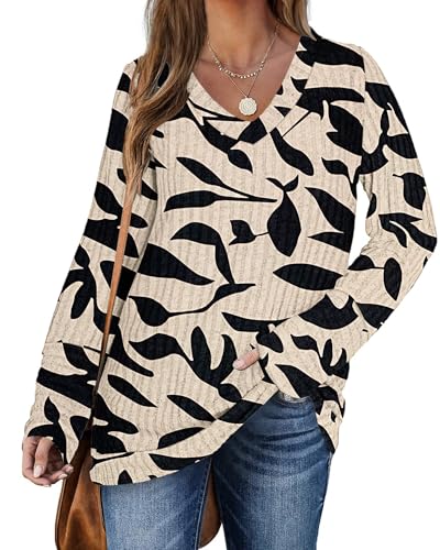 PLOKNRD Pullover für Damen Langarm V-Ausschnitt Loose Sweatshirt Freizeit Oversized Strick Sweater Aprikosenschwarz Blätter XXL von PLOKNRD