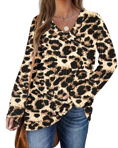 PLOKNRD Pullover für Damen Langarm V-Ausschnitt Loose Sweatshirt Freizeit Oversized Strick Sweater Schwarzer Leopardenmuster XL von PLOKNRD