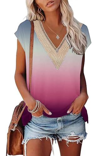 PLOKNRD Sommer Damen T-Shirt Freizeit Top mit V-Ausschnitt Kurzen Ärmeln Spitze Strand Oberteile Grau Ombre Pink S von PLOKNRD