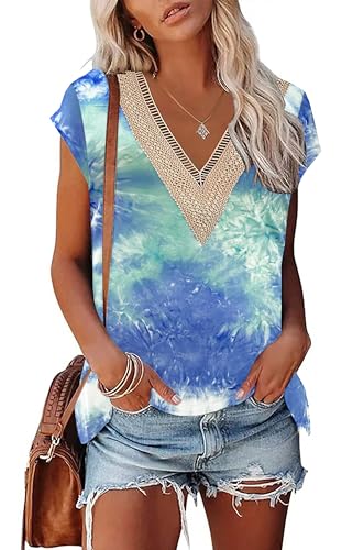 PLOKNRD Sommer Damen T-Shirt Freizeit Top mit V-Ausschnitt Kurzen Ärmeln Spitze Strand Oberteile Meereswelle M von PLOKNRD