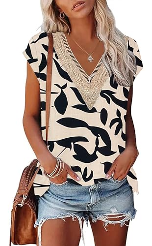 PLOKNRD Sommer Damen T-Shirt Freizeit Top mit V-Ausschnitt Kurzen Ärmeln Spitze Strand Oberteile Schwarze Blätter der Aprikose S von PLOKNRD