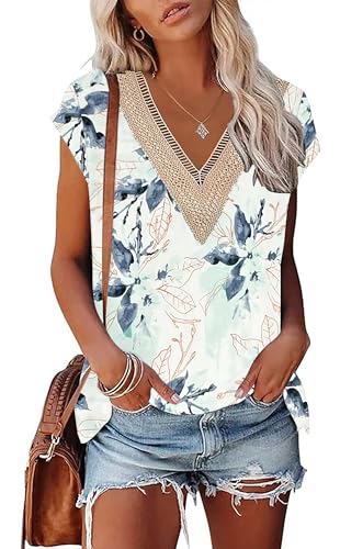 PLOKNRD Sommer Damen T-Shirt Freizeit Top mit V-Ausschnitt Kurzen Ärmeln Spitze Strand Oberteile Weiße Grüne Blüten S von PLOKNRD