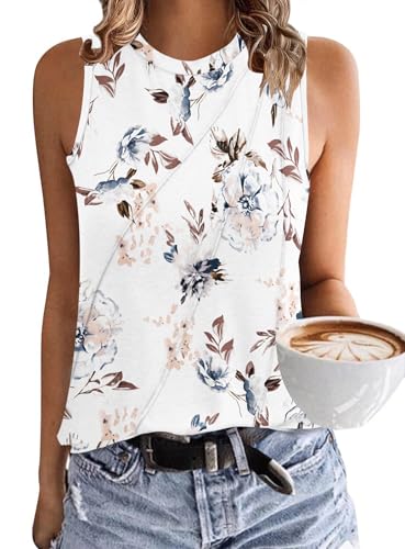 PLOKNRD Sommer Rundhals Tank Top Ärmelloses T-Shirt Damen Schräge Plissierte Oberseite Freizeit Weste Crop Top Blumen weiß M von PLOKNRD