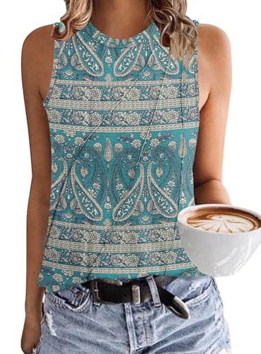 PLOKNRD Sommer Rundhals Tank Top Ärmelloses T-Shirt Damen Schräge Plissierte Oberseite Freizeit Weste Crop Top Boho grün L von PLOKNRD
