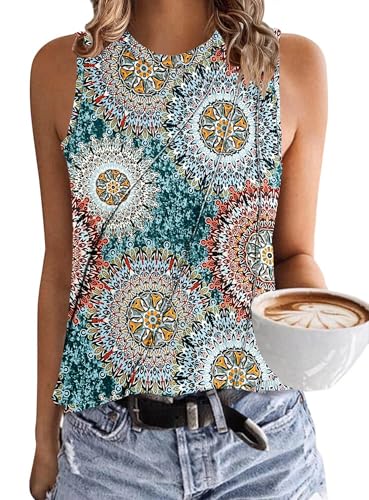 PLOKNRD Sommer Rundhals Tank Top Ärmelloses T-Shirt Damen Schräge Plissierte Oberseite Freizeit Weste Crop Top Grün gedruckt XL von PLOKNRD