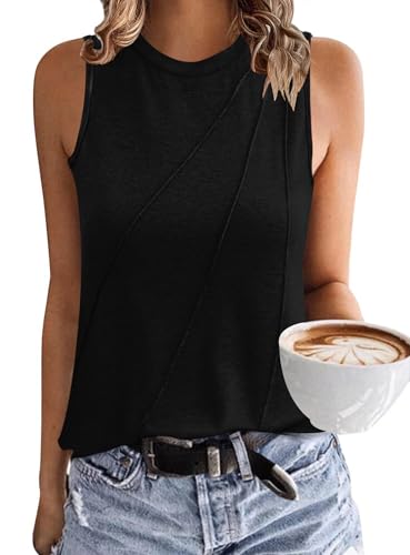 PLOKNRD Sommer Rundhals Tank Top Ärmelloses T-Shirt Damen Schräge Plissierte Oberseite Freizeit Weste Crop Top Schwarz XXL von PLOKNRD