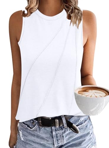 PLOKNRD Sommer Rundhals Tank Top Ärmelloses T-Shirt Damen Schräge Plissierte Oberseite Freizeit Weste Crop Top Weiß XXL von PLOKNRD