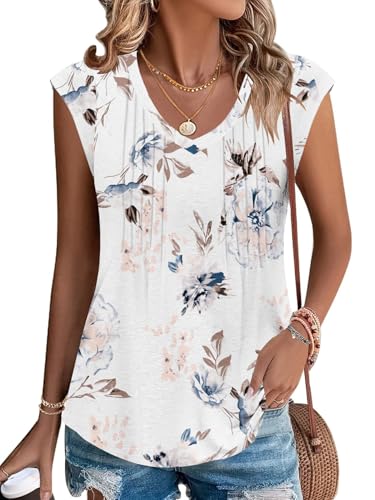 PLOKNRD Sommer T-Shirt Damen Freizeit V-Ausschnitt Kurzarm Top mit Plissee klassisch Strand Oberteile Blumen weiß S von PLOKNRD