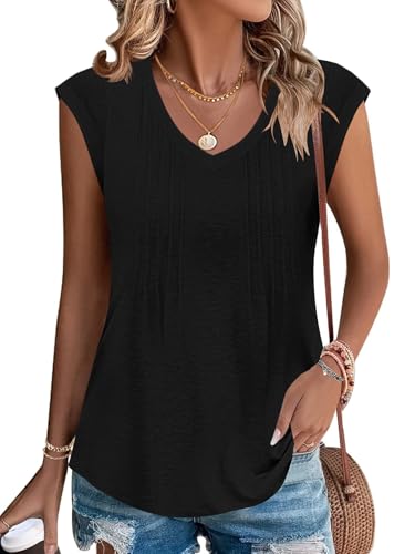 PLOKNRD Sommer T-Shirt Damen Freizeit V-Ausschnitt Kurzarm Top mit Plissee klassisch Strand Oberteile Schwarz XXL PLOKNRD Sommer T-Shirt Damen Freizeit V-Ausschnitt Kurzarm Top mit Plissee klassisch Strand Oberteile Schwarz XXL von PLOKNRD